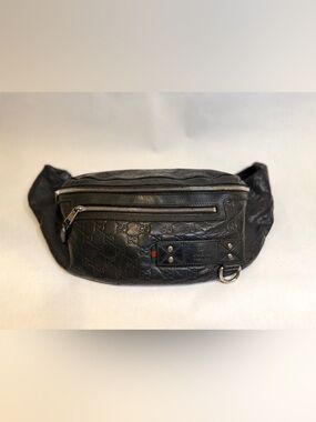 Gucci Black Embossed GG Leather Belt Bag with Web Accent